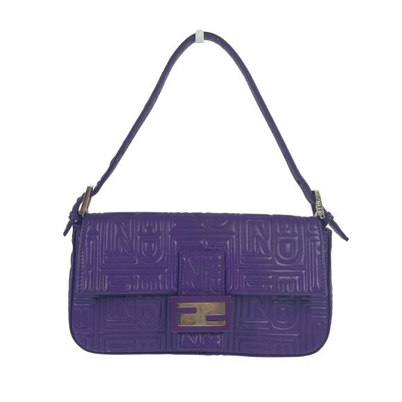 Fendi Purple Nappa Embossed Logo Leather Shoulder Baguette Bag - Picture 1 of 11